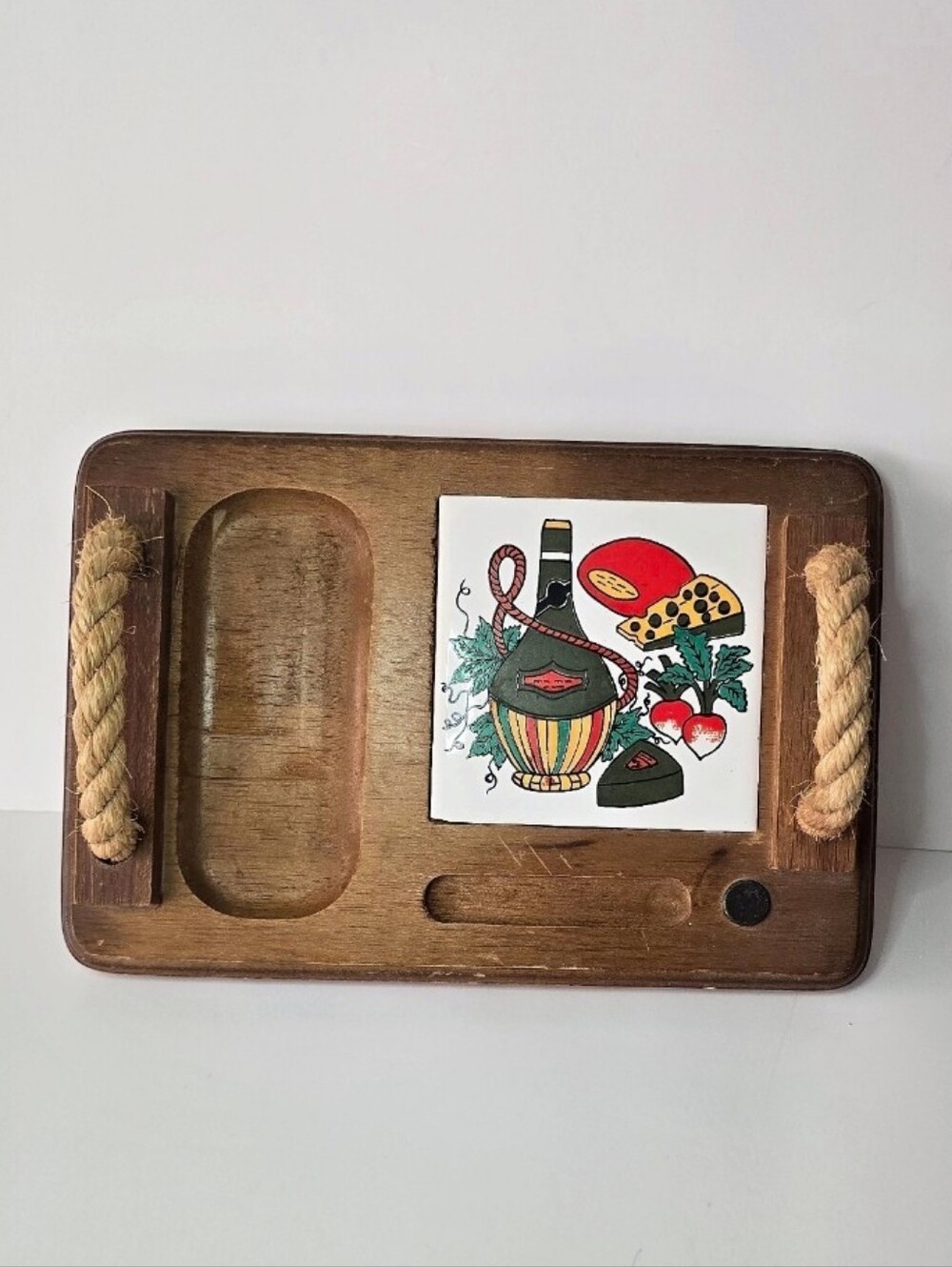 Vintage Mid-Century Modern wood and ceramic tile charcuterie board With rop Hand